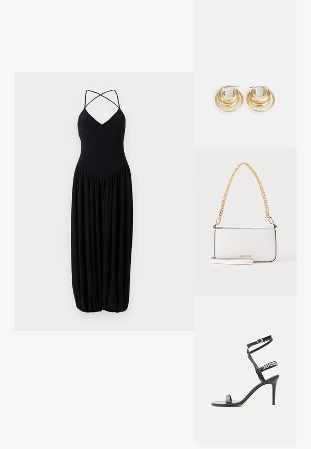 Schwarzes ärmelloses Kleid mit V-Ausschnitt, ausgestattet mit überkreuzten Trägern und einem gerafften, ballonförmigen Rock. Hergestellt aus weichem, leichtem Stoff.; Schwarze Sandalette mit hohem Absatz, schlankem Knöchelriemen, Mittelriemen verziert mit silbernen Kettengliedern und offenem Zehendesign.; Weiße rechteckige Ledertasche mit dünnem schwarzen Rand, goldenem Kettenhenkel und kleinem goldenem Logo in der vorderen Mitte.; Goldfarbene Creolen mit geschichteten, kreisförmigen Designs; polierte Oberfläche; geschlossene Scharniermechanik für sicheren Halt.