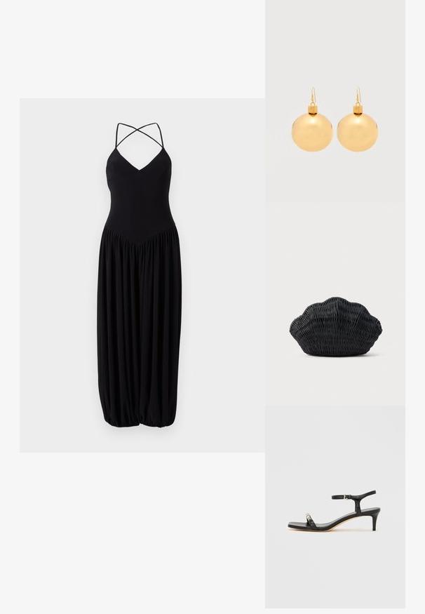 Robe noire sans manches avec un décolleté en V, dotée de sangles croisées et d'une jupe bouffante plissée. Fabriquée en tissu doux et léger.; Sandale noire en cuir à talon avec bride à la cheville, bout ouvert, devant carré et accent en métal argenté. Design ajusté avec un profil élégant.; Sac à main en osier noir en forme de coquille Saint-Jacques avec un dessus courbé et une texture tressée sur un fond uni.; Paire de boucles d'oreilles boule de Noël dorées brillantes avec fermoirs à crochet sur fond blanc uni.