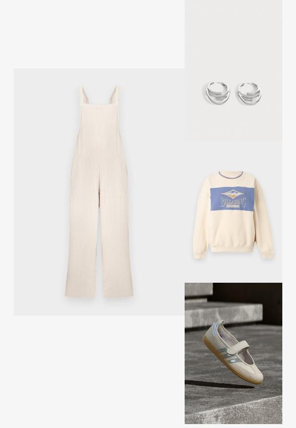 Salopette en tissu texturé couleur crème avec jambes larges, poches avant et bretelles réglables sur fond uni.; Sweat crème avec panneau bleu sur la poitrine, portant le logo Billabong et le texte « Since 1973 », motif vague sur la bordure du col.; Chaussure en tissu beige avec sangle élastique, dessus texturé, accents argentés et bleus, et semelle en caoutchouc gomme, présentée sur un fond gris.; Paire de boucles d'oreilles anneaux en argent poli avec un design de barre incurvée superposée sur un fond clair uni.
