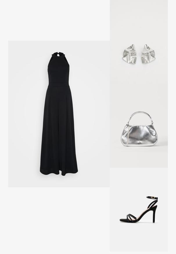 Mono negro sin mangas con un cuerpo ajustado, piernas anchas plizadas y un escote alto. Fabricado con una tela suave sin patrones visibles.; Anna Field by Zalando Sandalias - black; Pequeño bolso metálico plateado con un asa corta y un detalle de correa de cadena sobre un fondo blanco liso.; Pendientes de metal plateado con un diseño ondulado y escultórico, que presentan un acabado pulido y formas irregulares, destacando una estética contemporánea.