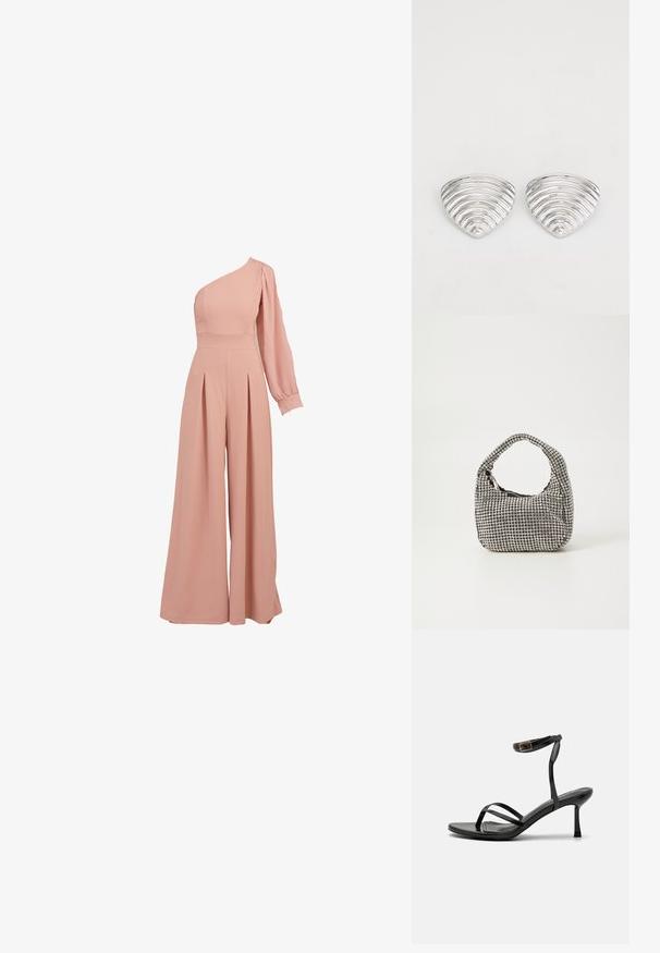 Roosa ühesanga jumpsuit, millel on sobiv korpus, pikk puhv-sleeve, plekitud laiad püksid ja siledast, kerge kangast tekstuur.; Mustad mustakud jalatsid kitsas rihma kujundusega, siledast materjalist, ankle'i pandla ja terava varbaga. Reguleeritav pahkluu rihma detail.; Mustmust, mille ümar kuju, kaetud väikeste hõbedaste kividest, lühikese käepideme ja ülemise lukuga.; Hõbedased kõrvarõngad, millel on laineline, tekstureeritud disain, mis on kujundatud nagu kattuvad poolkuud; poleeritud viimistlus tugevdab peegeldavaid omadusi.