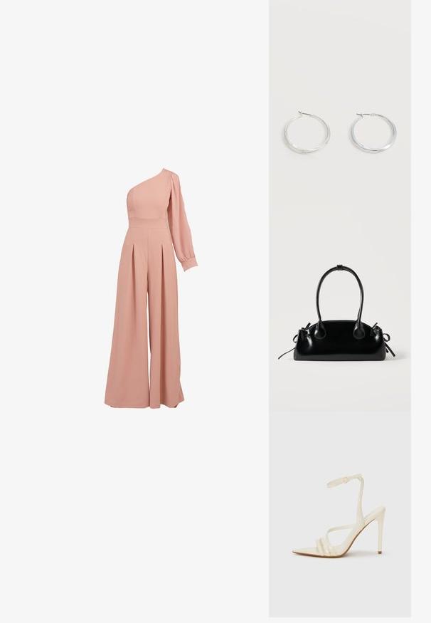 Roosa ühesanga jumpsuit, millel on sobiv korpus, pikk puhv-sleeve, plekitud laiad püksid ja siledast, kerge kangast tekstuur.; Beežid kõrge kontsaga sandalid terava varbaga, millel on kolm eesmine rihma ja õhuke pahkluurihm pandlaga. Sile tekstuur, minimalistlik disain.; Väike must läikiv käekott kahe pika sangaga ja külgedel paelakinnitustega, ühel lihtsal helel taustal.; Hõbedased metallist rõngakujulised kõrvarõngad, millel on sile, kergelt kaarduv pind ja lukustuvad tagused kinnitused, valgel taustal.