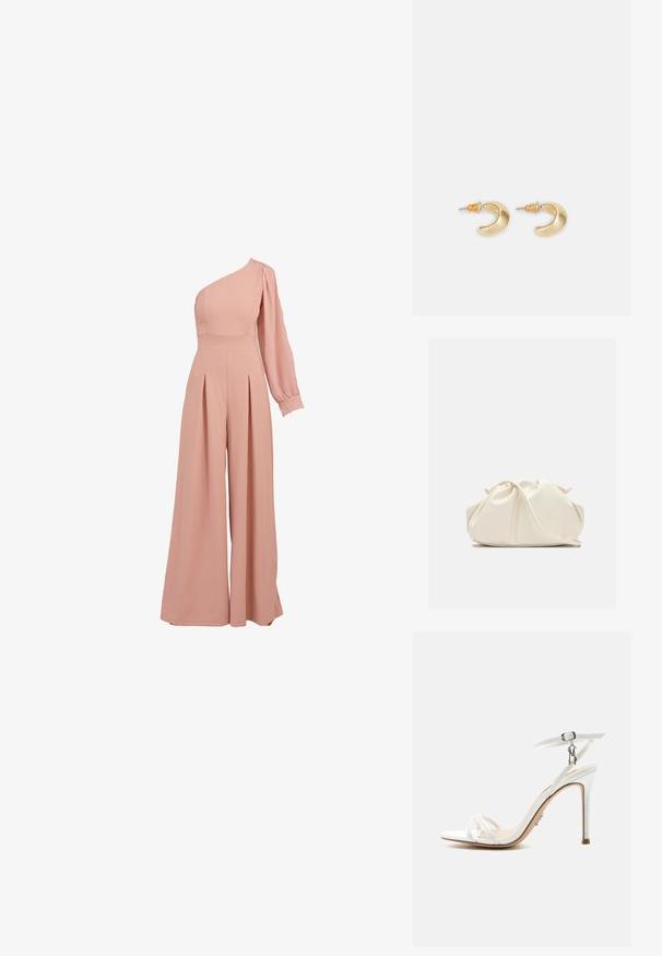 Combinaison une épaule rose avec un buste ajusté, une longue manche bouffante, un pantalon large plissé et une texture de tissu léger et lisse.; Sandale blanche à talons hauts avec fines lanières, boucle à la cheville et détail charm métallique sur fond neutre.; Pochette en cuir souple couleur crème avec un design froncé et une fine bandoulière reposant à l’avant sur un fond uni.; Boucles d'oreilles en forme de croissant en or avec une finition lisse, présentant des accents orange près du clou et un matériel en argent.