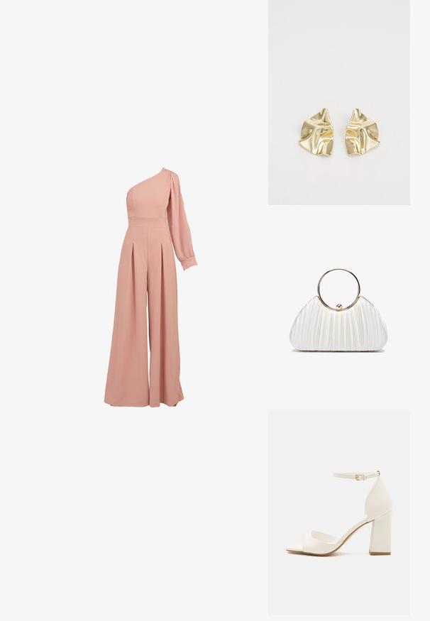 Roosa ühesanga jumpsuit, millel on sobiv korpus, pikk puhv-sleeve, plekitud laiad püksid ja siledast, kerge kangast tekstuur.; Valged kõrghetega sandaalid plokkninal, avatud varvastega, koos pahkluu rihmaga kuldse luku tagasi ning siledast sünteetilisest materjalist.; Valge kortsu säärega käekott ringikujulise kuldse käepidemega, mis on valmistatud pehmest kangast ja omab ümarat kuju. Elegantses disainis on tekstuuriline pinnaviimistlus.; Kuldsetest metallist kõrvarõngad lainelise disainiga; sile, peegeldav pind; asümmeetriline kuju; nähtavad mustrid või kinnitused puuduvad.