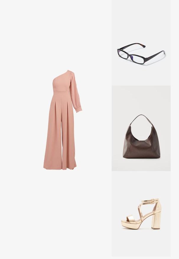 Lyserød en-skulder jumpsuit med en tætsiddende krop, lang pufærme, plisserede bukser med bred ben og en glat, let stofstruktur.; Guld metalisk platform sandaler med en chunky blokhælk, åben tå og krydsede ankelstropper med spænde detaljer. Glat tekstur.; Rektangulære briller med skildpadde-mønster, sort plastisk stel og gennemsigtige linser. Har tynde stænger og en let bøjning i enderne.; Brun flettet læder skuldertaske med en enkelt bred strop og en slasket, halvmåneformet krop.