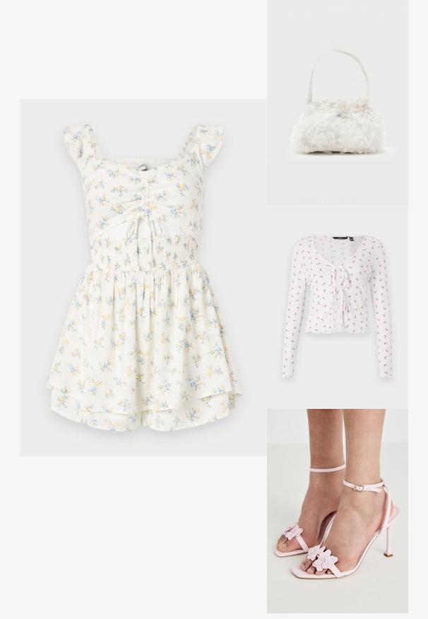 Robe blanche à motifs floraux jaunes et bleus. Elle présente un décolleté carré, des manches courtes à volants et une taille smockée avec une jupe à volants.; Top blanc à manches longues avec décolleté en V, détail de lien à l'avant et motif de petites cerises rouges avec des feuilles vertes. Ourlet festonné.; Sandales à talons hauts roses avec des appliqués floraux, une fine bride de cheville et un design ouvert à l'avant. Texture lisse et forme de pointe.; Petit sac à main blanc orné de roses en tissu recouvrant le corps et d'une fine anse unique, sur un fond uni.