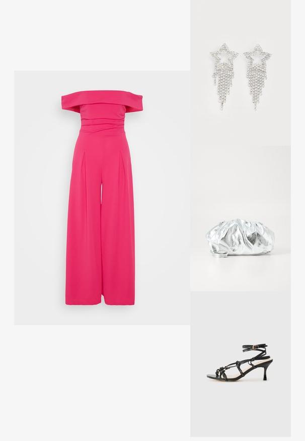 Combinaison décolletée en rose vif, avec un corsage ajusté et un design à jambes larges avec des plis, fabriquée dans un tissu lisse et extensible.; Sandale à talons hauts en cuir verni noir avec un design à lanières, sangle de cheville ajustable et détails noués. Texture lisse, bout pointu.; Pochette argent métallique avec un corps doux et froncé et une fine bandoulière. Présente une texture lisse et brillante ainsi qu'une forme arrondie.; Boucles d'oreilles en strass en forme d'étoile avec des détails de franges en cascade, présentant une teinte argentée et une surface brillante et réfléchissante. Forme d'étoile avec un design complexe.