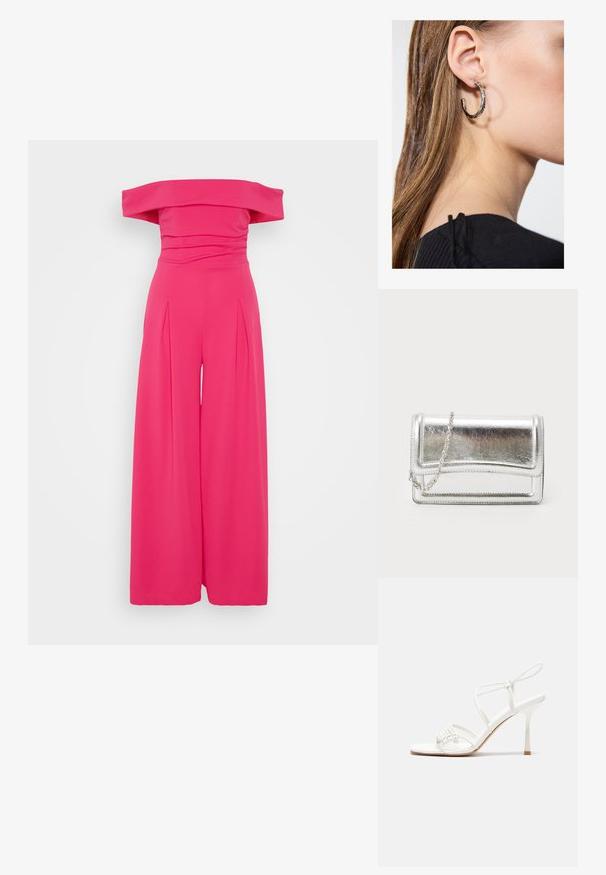 Õlgadelt avatud roosa jumpsuit, millel on kehakujuline osa ja laiad jalad plekkidega, valmistatud siledast ja venivast kangast.; Valge rihmadega kõrge kontsaga sandaal, millel on lamedad varbatoed, tekstuuriga esiosa kogutud detailidega ja kitsas pahkluu rihm.; Hõbedane metallik klamberkott sujuva tekstuuriga, klapiga sulgemine ja kettrihm. Omab struktureeritud ristkülikukujulist disaini ja õmmeldud aktsente.; Hõbedane rõngas kõrvarõngas poleeritud viimistlusega, millel on väikesed kuldsed aktsendid ja ümmargune kuju, kantud lobus.