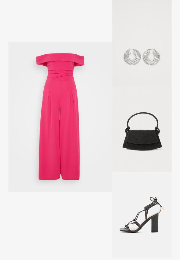 Combinaison décolletée en rose vif, avec un corsage ajusté et un design à jambes larges avec des plis, fabriquée dans un tissu lisse et extensible.; DeeZee Sandales à talons hauts - black; Sac à main noir avec une forme structurée, un matériau texturé, une poignée nouée et une fermeture à rabat. Présente un léger éclat et un matériel minimal.; Boucles d'oreilles en argent en forme de créoles ornées de multiples embellissements en cristal transparent, présentant une surface texturée et un design circulaire ouvert.