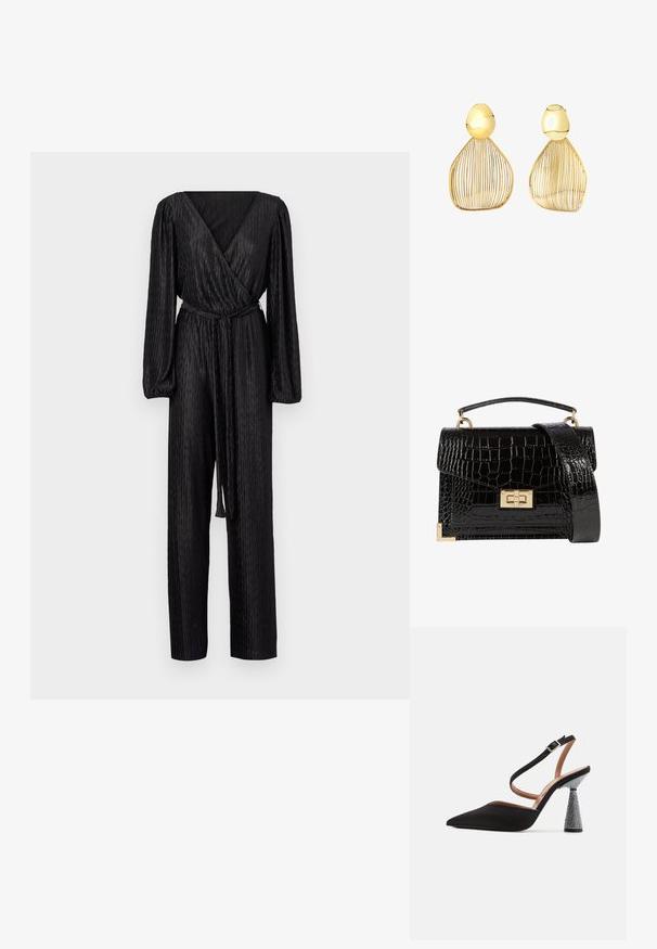 VILA VIPLUSA PLISSE - Jumpsuit - black; Zwarte slingback hoge hak met een spitse neus, satijnen stof en een getextureerde, met kristallen versierde conische hak. Verstelbare enkelband.; Zwarte patenten leren handtas met een krokodillenstructuur, gouden hardware, een bovenhandvat en een afneembare schouderband. Rechthoekige vorm met een klepafsluiting.; Gouden draadoorbellen met een gestructureerde, druppelvorm en een gladde, ronde bovenkant, met verticale lijnen die een textuurpatroon creëren.