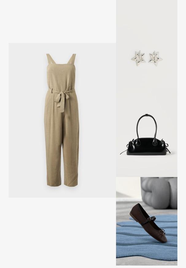 Combinaison beige en lin sans manches avec encolure carrée, jambes larges et ceinture en tissu assorti nouée à la taille.; Chaussure plate Mary Jane marron foncé avec boucle et détail nœud reposant sur un tapis texturé bleu ondulé, et un canapé gris rembourré en arrière-plan.; Petit sac à main noir brillant avec deux longues anses et des détails à cordon sur les côtés sur un fond clair uni.; Boucles d’oreilles créoles en forme d’étoile argentée avec une finition lisse et polie sur un fond blanc uni.
