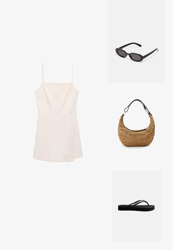Lysbeige ærmeløs top med tynde stropper, der har et simpelt lige snit og en glat, let skinnende overflade. Ingen mønstre eller detaljer.; Sort gummiflipflop med tekstureret sål og Y-formet rem, vist i sideprofil mod en ensartet lys baggrund.; Even&Odd Solbriller - black; Vævet stråtaske i beige med en buet silhuet, med en sort læderrem og sølvfarvede hardware-detaljer. Tekstureret finish.