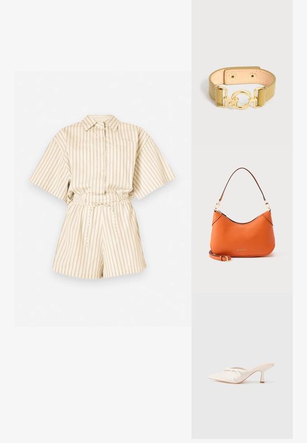 Kortærmet, knaplukket rompers i let beige stof med lodrette striber. Har elastisk talje og en enkelt brystlomme.; Mulesko i lyst beige stof med et knyttet design foran, spids tå og en slank, tilspidset hæl. Glat tekstur over det hele.; Orange læder håndtaske fra Michael Kors med kort skulderrem og en ekstra aftagelig tynd rem, guldfarvet hardware og lynlåslukning.; Tanlæderarmbånd med tekstureret mønster og gyldent rundt spænde, der lukkes med to trykknapper.