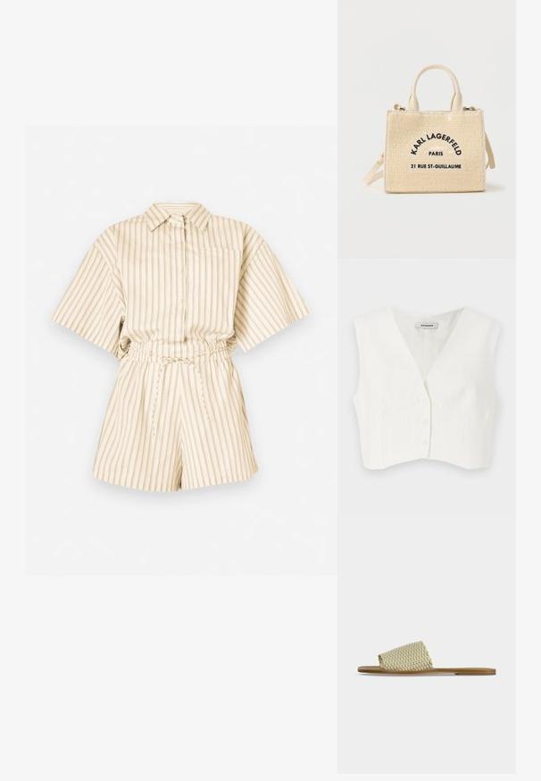 Kortærmet, knaplukket rompers i let beige stof med lodrette striber. Har elastisk talje og en enkelt brystlomme.; Hvid cropped top med v-udskæring, to frontlommer, fem knapper og lodrette teksturerede striber. Fremstillet af et glat, letstof.; Flad sandal med en tanfarvet sål og bred, beige fletrem over toppen, vist i sideprofil på en ensfarvet baggrund.; Beige vævet håndtaske med korte hanke, justerbar rem og "Karl Lagerfeld Paris 21 Rue St-Guillaume" trykt i sort på forsiden.