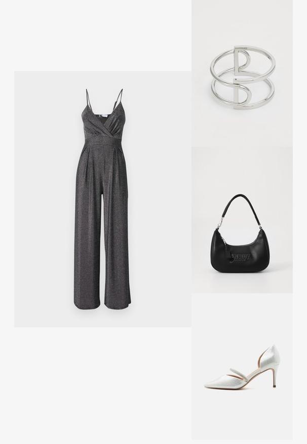Schwarzer, funkelernder Jumpsuit mit dünnen Trägern und einem Wickelausschnitt. Verfügt über weite Beine und eine weiche Textur für eine fließende Silhouette.; Silberner High Heel mit spitz zulaufender Vorderkappe, niedrigem Stilettoabsatz und einem dünnen Riemen mit Strassbesatz über dem Spann.; Schwarze synthetische Umhängetasche in geschwungener Form, mit einem silbernen Reißverschluss und geprägt "tommy jeans" Logo auf der Vorderseite.; Silberner Metallarmreif mit einem Doppel-Schleifen-Design, glatter, glänzender Oberfläche und einem minimalistischen geometrischen Akzent.