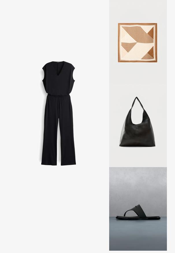 Zwarte jumpsuit met een V-halslijn, korte mouwen en een wijd uitlopende broekspijp. Gemaakt van zachte stof, met een elastische tailleband voor comfort.; Zwarte Calvin Klein teenslipper die boven houten latten zweeft met kleine stenen eromheen, buiten met wazige groene planten en een betonnen muur op de achtergrond.; Vierkante sjaal met diagonale en verticale streeppatronen in bruin-, beige- en crèmekleuren met een effen bruine rand.; Zwarte schoudertas van glad leer met een brede, enkele band en een nonchalant, minimalistisch ontwerp tegen een effen achtergrond.