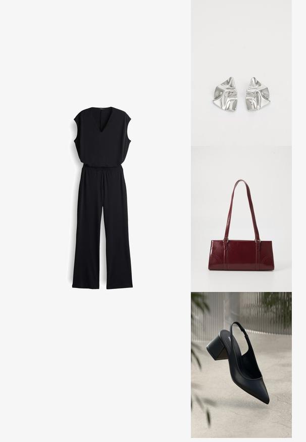 Zwarte jumpsuit met een V-halslijn, korte mouwen en een wijd uitlopende broekspijp. Gemaakt van zachte stof, met een elastische tailleband voor comfort.; Zwarte leren slingback hak met een spitse neus en een blokhak. Glad oppervlak, minimalistisch ontwerp en verstelbare enkelband.; Bourgondische handtas van glanzend materiaal, rechthoekige vorm, met twee schouderbanden en subtiele gebogen accenten aan de voorkant.; Zilveren metalen oorbellen met een golvend, sculpturaal ontwerp, voorzien van een gepolijste afwerking en onregelmatige vormen, die een hedendaagse esthetiek benadrukken.