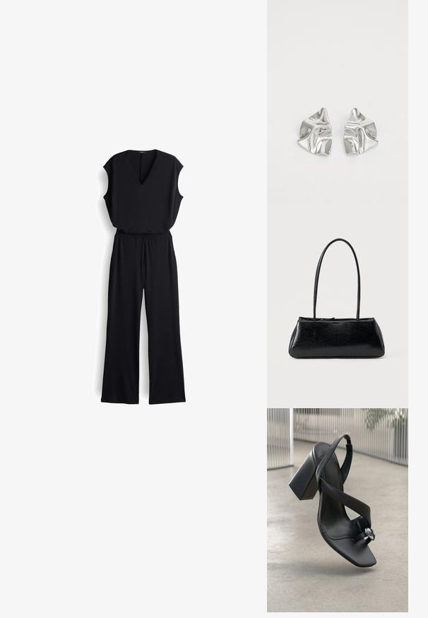 Zwarte jumpsuit met een V-halslijn, korte mouwen en een wijd uitlopende broekspijp. Gemaakt van zachte stof, met een elastische tailleband voor comfort.; Zwarte leren sandaal met hoge hakken, brede band, teenlus en zilveren versiering op een gladde lichtgrijze vloerachtergrond.; Zwarte rechthoekige schoudertas met lange dunne banden en een gladde, glanzende textuur op een effen achtergrond.; Zilveren metalen oorbellen met een golvend, sculpturaal ontwerp, voorzien van een gepolijste afwerking en onregelmatige vormen, die een hedendaagse esthetiek benadrukken.