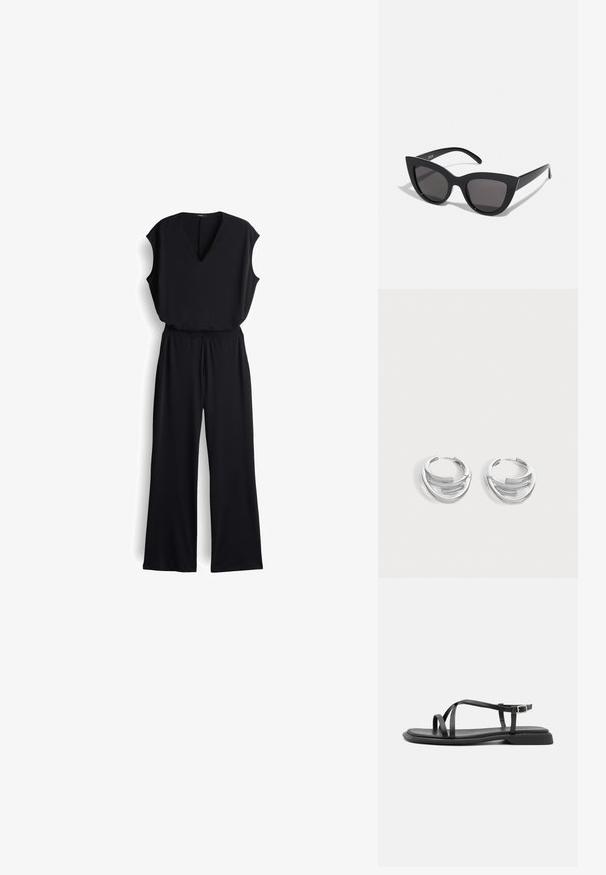 Zwarte jumpsuit met een V-halslijn, korte mouwen en een wijd uitlopende broekspijp. Gemaakt van zachte stof, met een elastische tailleband voor comfort.; Zwarte platte sandalen met dunne verstelbare bandjes, rechthoekige teenpost en een gestructureerde matte afwerking. Voorzien van een lage, licht vierkante hak.; Zwarte cat-eye zonnebril met een matte afwerking, voorzien van grijs getinte glazen, scherpe hoeken en slanke zijarmen. Merkennaam zichtbaar op de binnenarm.; Paar gepolijste zilveren creooloorbellen met een gelaagd, gebogen staafontwerp op een effen lichte achtergrond.