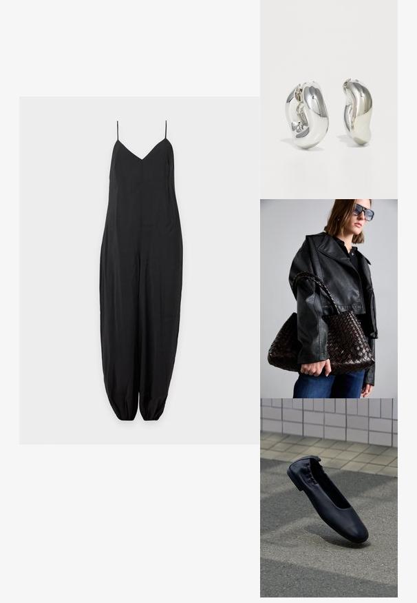 Combinaison noire sans manches avec fines bretelles, coupe ample et poignets élastiqués froncés aux chevilles sur un fond clair uni.; Ballerine en cuir noir avec un dos élastiqué reposant sur un pavement extérieur texturé avec un mur carrelé en arrière-plan.; DRAGON DIFFUSION SANTA CROCE BIG - Sac à main - dark brown; Boucles d'oreilles sculpturales en argent avec des formes douces et courbes et des surfaces réfléchissantes. Présentent un design de boucle fermée et une forme organique distincte.