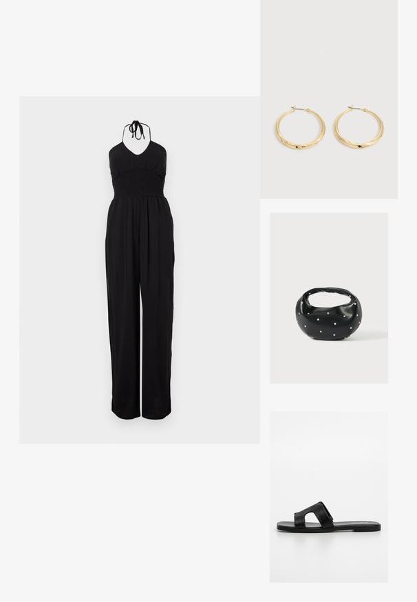 Sort halterneck jumpsuit med smocked liv, vide bukser og en struktureret overflade. Justerbare nakkebånd fuldender designet.; Sort lædersandal med slideryg, der har et udsagnsfuldt skæremønster, flad sål og glat overflade. Simpelt design uden dekorative detaljer.; Sort læderhåndtaske med en rundet form, dekoreret med sølvnitter, og et kort håndtag. Glat tekstur og lynlåslukning.; Par polerede guldbøjleøreringe med tynde stifter og hængslet lås, vist på en ensartet lysegrå baggrund.