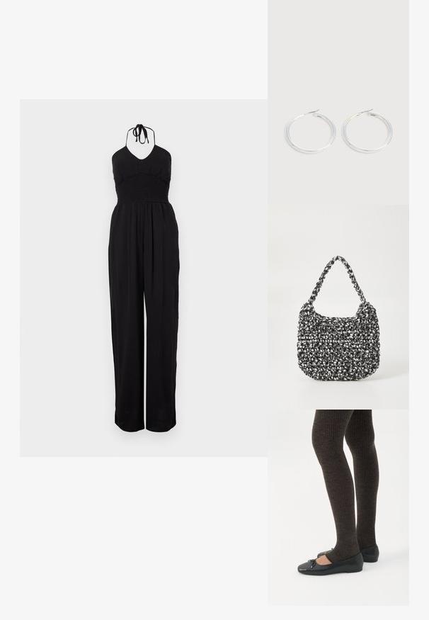 Sort halterneck jumpsuit med smocked liv, vide bukser og en struktureret overflade. Justerbare nakkebånd fuldender designet.; Ben iført mørke ribbede leggings kombineret med sorte balletsko med små sløjfedetaljer på hvid baggrund.; Vævet håndtaske i sort og hvid med en rund form, tekstureret overflade og et fletet håndtag. Velegnet til afslappet brug.; Par skinnende sølvøreringe med tynde trådlåse, vist på en lys grå baggrund.