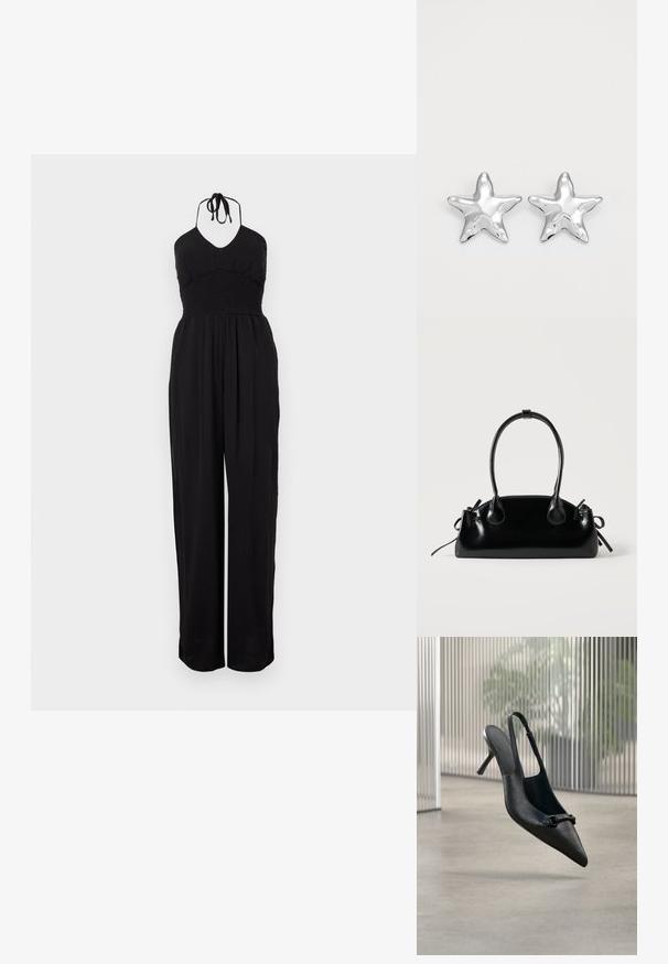 Sort halterneck jumpsuit med smocked liv, vide bukser og en struktureret overflade. Justerbare nakkebånd fuldender designet.; Sort tekstureret læder slingback højhælet sko med spids tå og lille dekorativ spænde, svævende over en glat gulv.; Lille sort blank håndtaske med to lange håndtag og snøre-detaljer i siden på en ensfarvet lys baggrund.; Sølvstjernede øreringe med en poleret, blank overflade. Hver ørering har fem spidser og subtile teksturdetaljer på overfladen.