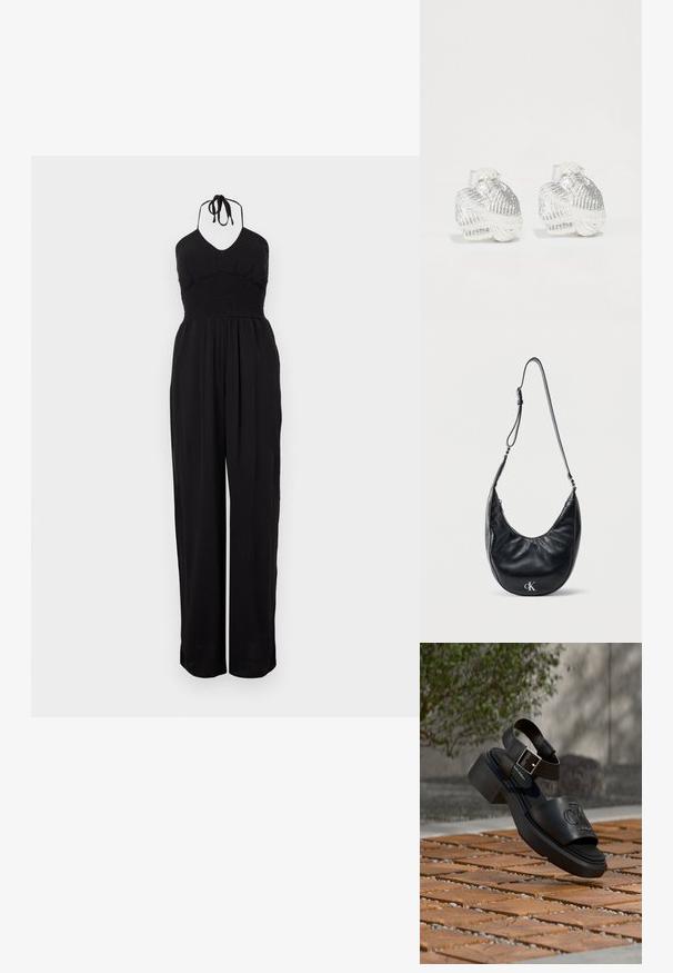 Sort halterneck jumpsuit med smocked liv, vide bukser og en struktureret overflade. Justerbare nakkebånd fuldender designet.; Sort læder-sandal fra Calvin Klein med ankelrem og spænde, der svæver over et udendørs gulv af træ og stentegl.; Sort halvmåneformet skuldertaske i læder med justerbar rem og sølvfarvet "cK"-logo foran, mod en ensartet hvid baggrund.; Sølvrunde ørehængere i skaldform med strukturerede riller og glatte kurver, der har en klar bagside for sikker bæring.