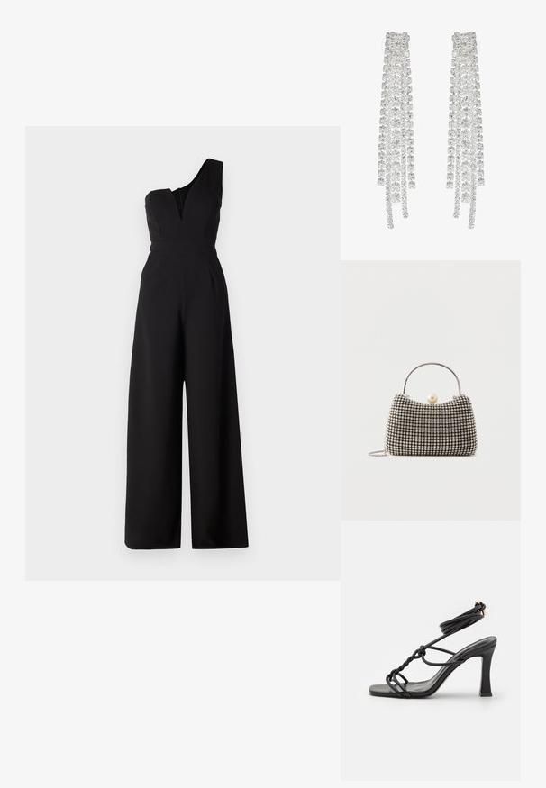 Sort jumpsuit med ensidig design, dyb v-hals, tætsiddende talje og brede bukser. Fremstillet af glat stof med subtil tekstur.; DeeZee Højhælede sandaletter / Højhælede sandaler - black; Lille håndtaske med sølv gittermønster, buet håndtag, stor perle lukning og en tynd sølvkæde strop på en ensfarvet baggrund.; Lange sølvøreringe med en række klare, facetterede krystaller i kaskadeformede strenge med varierende længder og former.