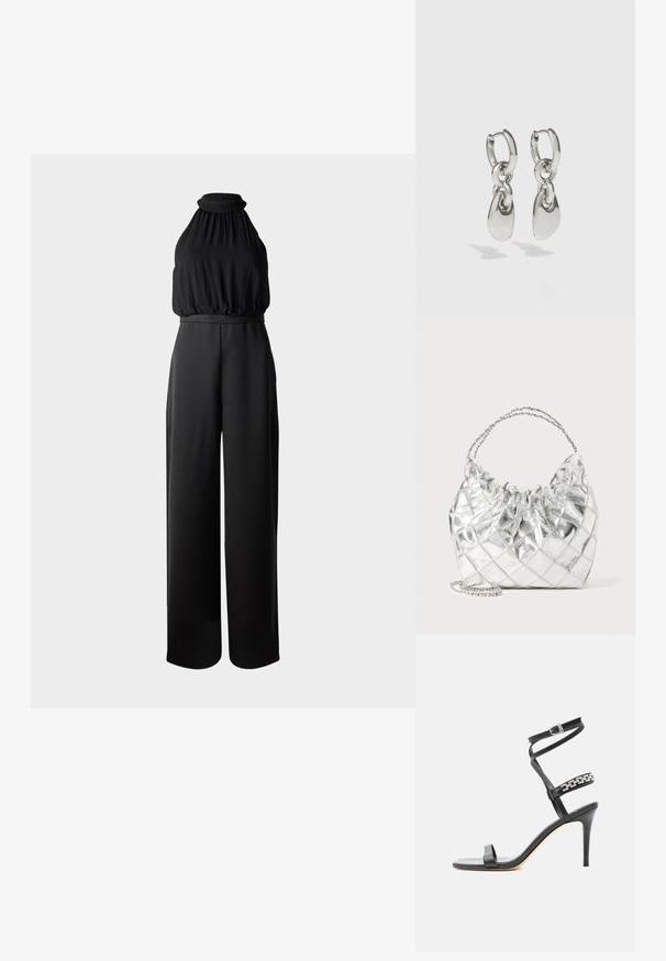 Salopette noire avec un design à col halter, présentant un buste froncé et un pantalon évasé. Fabriquée en tissu lisse et léger.; Sandale noire à talon haut avec fine bride à la cheville, bride médiane décorée de maillons de chaîne argentés, et design à bout ouvert.; Sac à main en métal argenté matelassé avec un bord supérieur froncé et double poignées en chaîne sur fond blanc.; Boucles d'oreilles en argent avec des maillons ovales allongés, présentant une finition polie et un pendentif tombant texturé. Design simple avec des bords lisses.