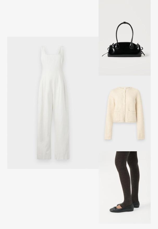 Jumpsuit en lin blanc avec un encolure carrée, large jambes droites et plis frontaux subtils. Texture lisse, design minimaliste, sans fermetures visibles.; Cardigan crème coupé, tissu texturé avec des côtes verticales, fermeture à boutons à l'avant et deux poches plaquées.; Jambes portant des leggings côtelés foncés associés à des ballerines noires avec de petits détails en nœud sur fond blanc.; Petit sac à main noir brillant avec deux longues anses et des détails à cordon sur les côtés sur un fond clair uni.