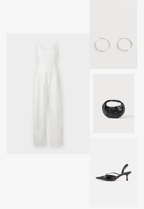 Jumpsuit en lin blanc avec un encolure carrée, large jambes droites et plis frontaux subtils. Texture lisse, design minimaliste, sans fermetures visibles.; ALDO MARIETTA PILLOW WALK - Escarpins - black; Sac à main en cuir noir de forme arrondie, décoré de clous argentés et équipé d'une poignée courte. Texture lisse et fermeture éclair.; Boucles d’oreilles créoles en métal argenté avec une surface lisse légèrement incurvée et des fermoirs à clapet sur un fond blanc uni.