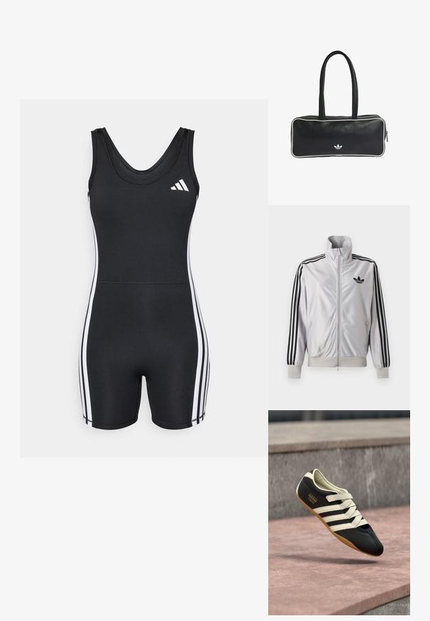 adidas Performance ONESIE - Combinaison d'échauffement - black/white; Veste blanche zippée avec détails trois bandes noirs sur les manches, logo trefoil noir sur la poitrine et poignets et ceinture côtelés.; Chaussure de sport noire avec des rayures et des lacets crème, présentant un profil bas, une texture lisse et une semelle en caoutchouc pour une bonne adhérence. Étiquette de la marque visible.; Sac en cuir noir de forme rectangulaire, avec deux poignées, un liseré blanc et un petit logo blanc à l'avant.