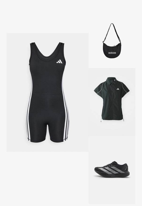 adidas Performance ONESIE - Combinaison d'échauffement - black/white; adidas Sportswear STADIUM COVER - Veste sans manches - black/off-white; Chaussure de course noire avec des rayures argentées, semelle épaisse rembourrée étiquetée "Lightstrike Pro," vue de côté sur fond blanc.; Sac à épaule en tissu noir, de forme semi-circulaire, avec une fermeture éclair, une sangle ajustable et le logo Adidas blanc à l'avant.