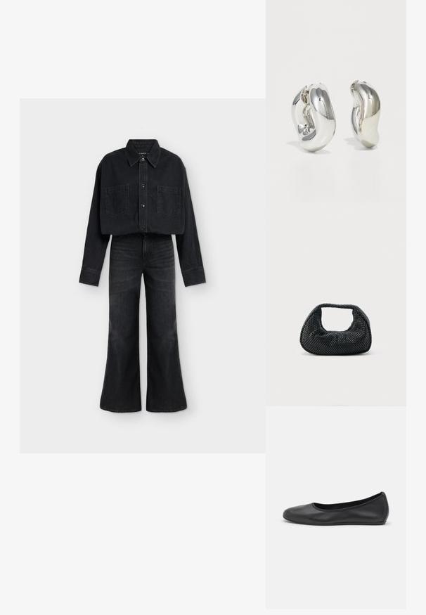 Chemise courte en jean noir avec boutons et deux poches poitrine, associée à un jean noir taille haute à jambes larges sur fond blanc.; Ballerines en cuir noir avec un bout rond, texture lisse, détails de couture minimalistes et design de semelle flexible.; Sac hobo tissé noir avec une structure souple et une poignée intégrée, présenté sur un fond clair uni.; Boucles d'oreilles sculpturales en argent avec des formes douces et courbes et des surfaces réfléchissantes. Présentent un design de boucle fermée et une forme organique distincte.