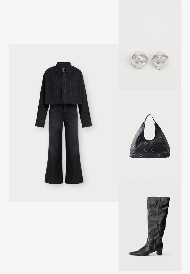Chemise courte en jean noir avec boutons et deux poches poitrine, associée à un jean noir taille haute à jambes larges sur fond blanc.; Bottes noires en cuir jusqu'au genou avec un bout pointu, un tige décontractée et un talon carré. Texture lisse avec peu de coutures visibles.; Sac à bandoulière en cuir noir avec de grands œillets métalliques circulaires espacés régulièrement sur le devant et une seule bandoulière.; Boucles d'oreilles clip en argent avec une forme de dôme et une bande gravée "Fiorucci" autour du centre, présentant une surface polie et réfléchissante.