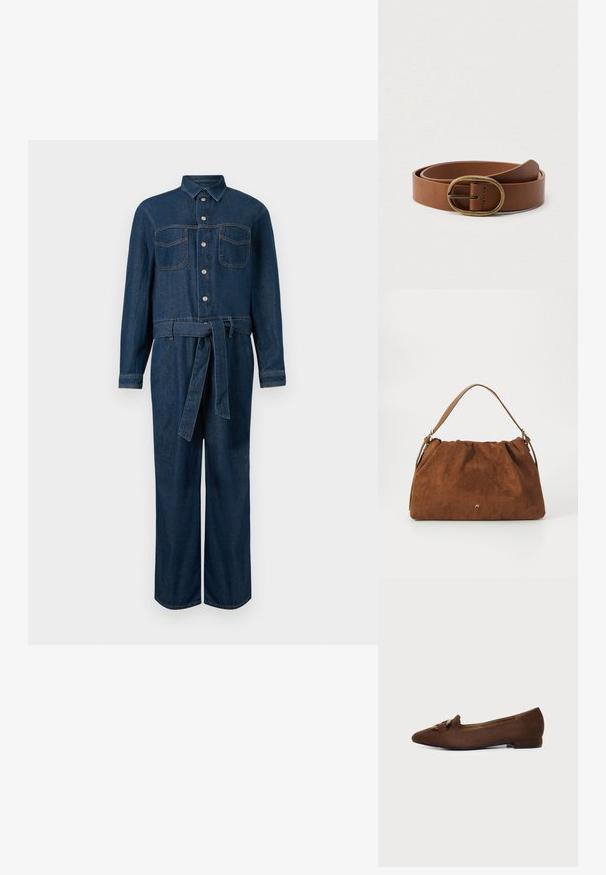 Mørkeblå denim jumpsuit med lange ærmer, frontknaplukning, to brystlommer og et bælte i taljen.; Brun flad sko med spids tå og dekorativ spændedetalje på toppen, sat mod en ensfarvet lys baggrund.; Brun ruskind handbag med en samlet design, der har en enkelt tan læderstrop og en subtil guld logo detalje på fronten.; Brunt læderbælte sammenrullet med en oval messing spænde, vist på en ensfarvet hvid baggrund.