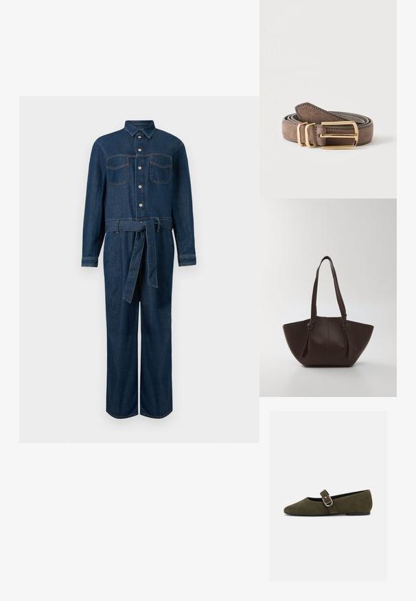 Donkerblauwe denim jumpsuit met lange mouwen, sluiting aan de voorkant met knopen, twee borstzakken en een tailleceintuur.; Olijfgroene suède Mary Jane platte schoen met zilveren gespsluiting en afgeronde neus, getoond op een witte achtergrond.; Bruine leren tote bag met een gestructureerde afwerking, brede opening en dubbele, afgeronde schouderhengsels; minimalistisch ontwerp zonder zichtbare hardware.; Opgerolde bruine suède riem met gouden rechthoekige gesp en twee gouden riemlussen op een effen lichte achtergrond.