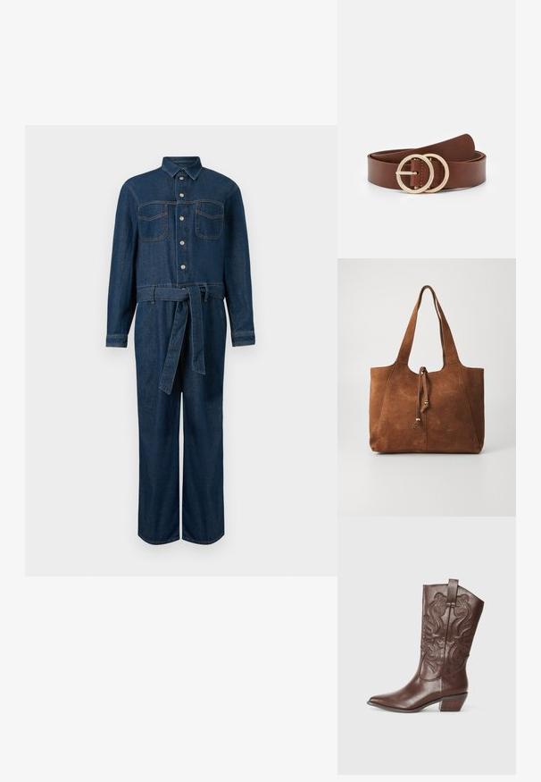 Donkerblauwe denim jumpsuit met lange mouwen, sluiting aan de voorkant met knopen, twee borstzakken en een tailleceintuur.; Bruine leren cowboylaars met een puntige neus, decoratieve stiksels op de schacht en een lage gestapelde hak. Gladde textuur met een gepolijste afwerking.; Bruine suede tote bag met twee lange handvatten, trekkoordsluiting en een gladde textuur. Kenmerkt zich door een eenvoudig ontwerp en minimale accenten.; Bruine leren riem met twee ronde goudkleurige gespen, een gladde textuur en een minimalistisch ontwerp. Lengte en breedte variëren.