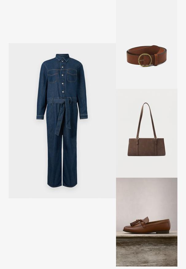 Mørkeblå denim jumpsuit med lange ærmer, frontknaplukning, to brystlommer og et bælte i taljen.; Brun læderloafer med kvaster balancerende på kanten af et træbord, grønne blade sløret i baggrunden.; Brun rektangulær skuldertaske med lange stropper og minimale syningsdetaljer på en ensfarvet baggrund.; Brun læderbælte med en rund messingspænde, der har en glat overflade og kontrasterende syninger langs kanterne.