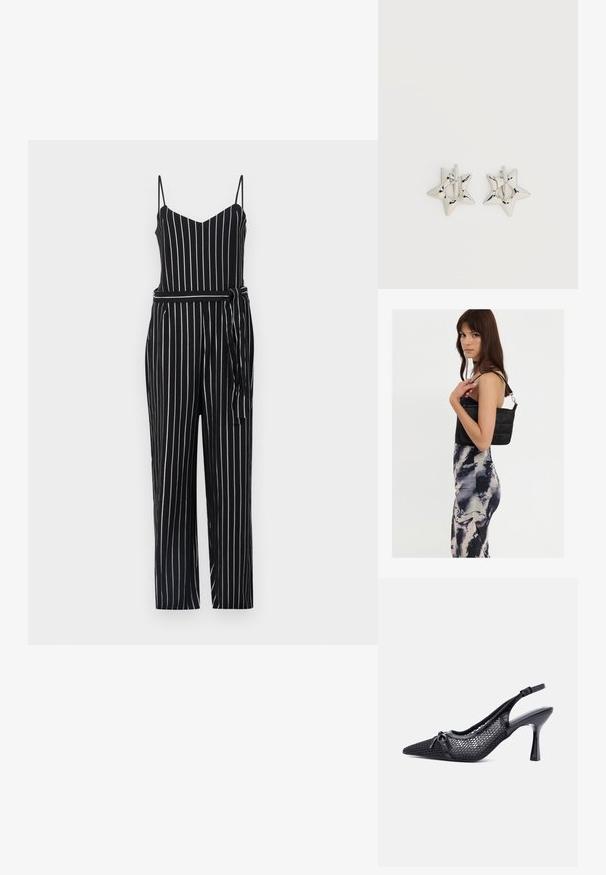 Sorte og hvide stribede jumpsuit med v-udskæring, fine stropper og båndelastik i taljen. Materialet ser letvægtsagtigt ud med en glat tekstur.; Sort spids slingback højhælet sko med mesh bikagemønster og lille dekorativ sløjfe foran.; Sort quiltet skuldertaske med en enkelt rem og sølvhardware, parret med en tætsiddende kjole med tie-dye mønster i nuancer af sort og creme.; Sølv stjerneformede øreringe med en glat, poleret finish på en ensfarvet hvid baggrund.