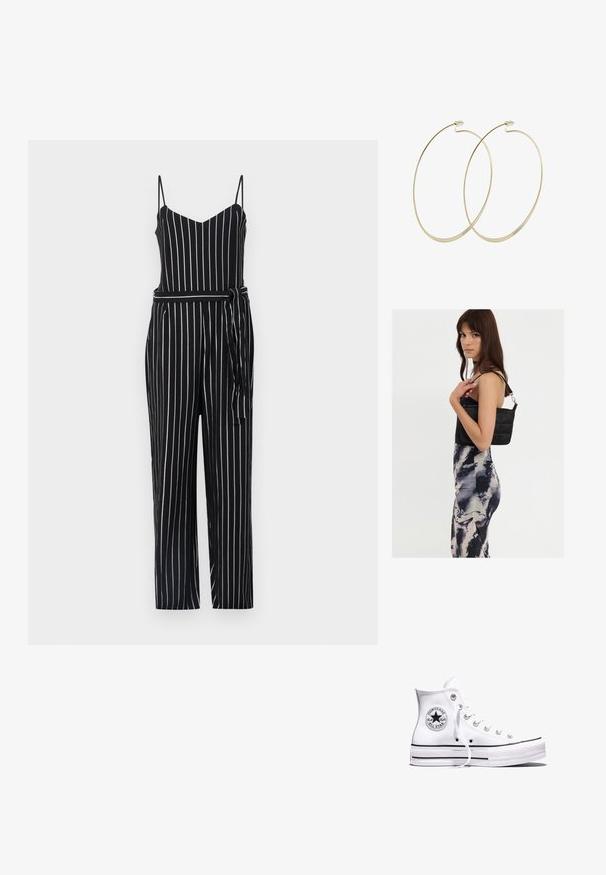 Sorte og hvide stribede jumpsuit med v-udskæring, fine stropper og båndelastik i taljen. Materialet ser letvægtsagtigt ud med en glat tekstur.; Hvid Converse Chuck Taylor All Star højt snøresko med sorte striber og logoemblem på siden, vist mod en ensfarvet hvid baggrund.; Sort quiltet skuldertaske med en enkelt rem og sølvhardware, parret med en tætsiddende kjole med tie-dye mønster i nuancer af sort og creme.; Pilgrim Øreringe - gold-coloured