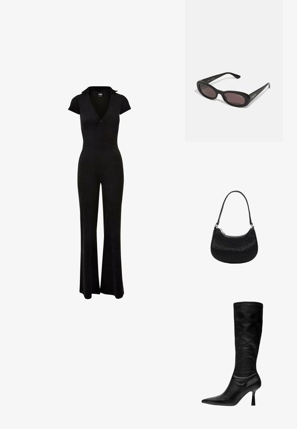 Sort jumpsuit med lynlås foran, korte ærmer og krave. Vide ben og en tætsiddende talje, lavet af en glat, strækbar stof.; Sorte læder støvler til knæene med spids tå, slank hæl og blød, glat tekstur. Har et tætsiddende design og minimalistisk syning.; Sorte solbriller med ovale rammer, mørkt tonede linser og "vogue" trykt i hvidt på de ydre arme. Glat plastmateriale.; Sort håndtaske i halvmåneform, lavet af tekstureret materiale med metalliske accenter og en enkelt rem. Har en lynlåslukning.