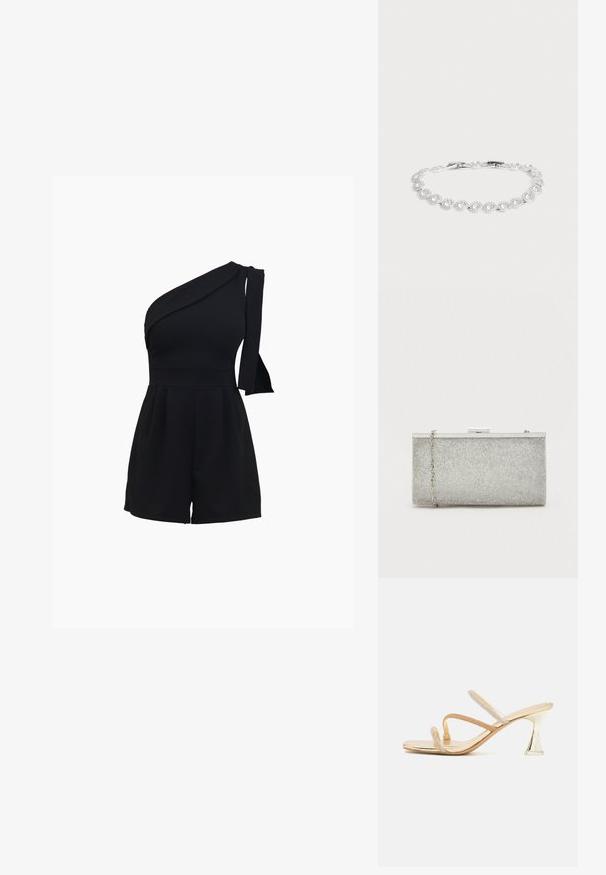 Schwarzer Ein-Schulter-Jumpsuit mit tailliertem Oberteil, plissierten Shorts und einer Schleifendetail an der Schulter, gefertigt aus einem weichen, dehnbaren Material.; Sandalen mit Absatz und Riemchen in metallisch goldener Ausführung, schlanken Strassverzierungen und einem einzigartigen ausgestellten Absatzdesign.; Silberne metallische Clutch-Tasche mit einer strukturierten Mesh-Oberfläche, rechteckiger Form und einem abnehmbaren Kettenriemen. Verfügt über einen metallischen Verschluss.; Silbernes Armband mit kreisförmigen klaren Steinen, die in einem durchgehenden verbundenen Muster auf einem hellgrauen Hintergrund angeordnet sind.