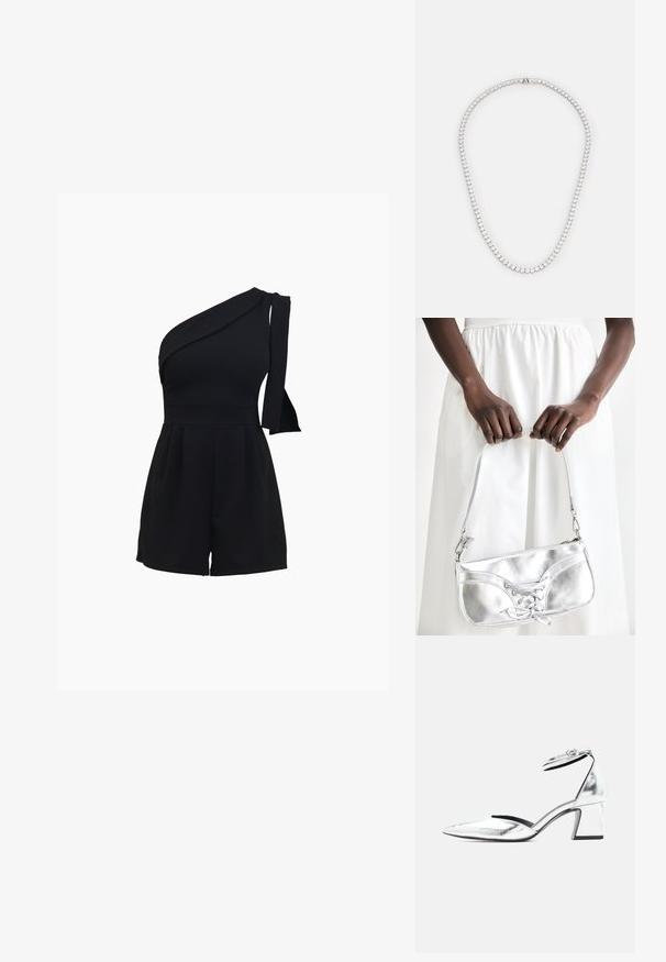 Combinaison noire à une épaule avec un corsage ajusté, un short plissé, et un détail à nouer sur l'épaule, fabriquée dans un matériau doux et extensible.; Chaussure à talon bloc bas métallisé argenté avec bout pointu et bride à la cheville à boucle sur fond blanc.; Sac à main en métal argenté avec un détail à lacets, arborant un design épuré et une courte sangle. Le sac est tenu dans les mains, mettant en valeur sa texture.; Collier plaqué rhodium présentant une ligne continue de cristaux ronds et transparents, disposés de manière rapprochée pour un effet délicat et scintillant.