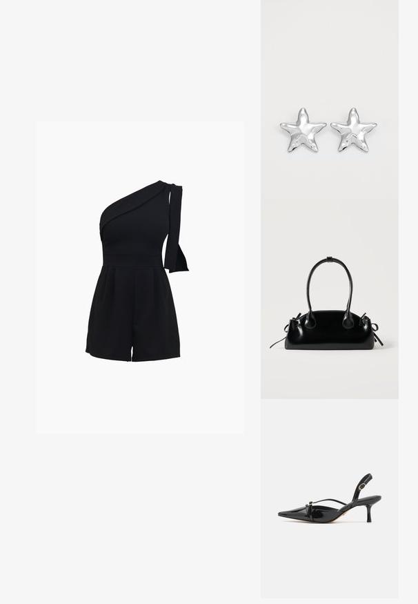 Zwart een-schouder romper met een aansluitend lijfje, geplooide shorts en een strikdetail op de schouder, gemaakt van een zachte, rekbare stof.; ALDO MARIETTA PILLOW WALK - Klassieke pumps - black; Kleine zwarte glanzende handtas met twee lange hengsels en zijkant trekkoord details op een effen lichte achtergrond.; Zilveren stervormige oorbellen met een gepolijste, glanzende afwerking. Elke oorbel heeft vijf punten en subtiele textuurdetails op het oppervlak.