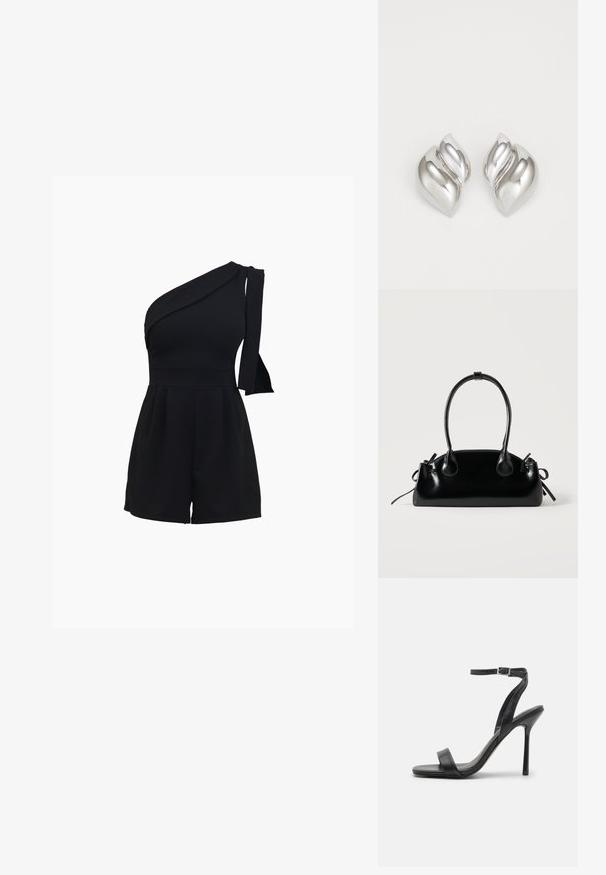 Must have ühe õla romper, millel on vormiv bodice, pleegete lühikesed püksid ja sõlmedetail õlal, valminud pehmest ja venivast materjalist.; Mustad must kõrged kontsad, õhulise pahklöökrihma ja kahe esise riba salguga. Valmistatud siledast nahast, millel on elegantne terav varvas ja stiletokonts.; Väike must läikiv käekott kahe pika sangaga ja külgedel paelakinnitustega, ühel lihtsal helel taustal.; Hõbedased kõrvarõngad orgaanilise ja abstraktse kujuga. Siledad, läikivad pinnad ja kitsenev disain. Omavad peeneid kõverusi ja keskset joondetaili.