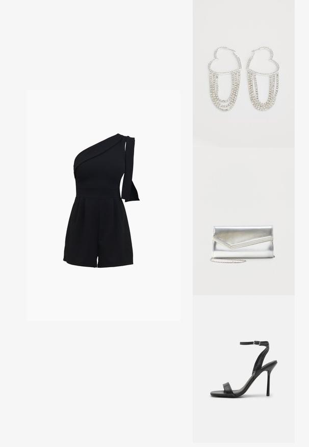 Combinaison noire à une épaule avec un corsage ajusté, un short plissé, et un détail à nouer sur l'épaule, fabriquée dans un matériau doux et extensible.; Sandale à talons hauts noire avec une fine sangle au niveau de la cheville et deux bandes à l'avant. Fabriquée en cuir lisse avec un bout pointu élégant et un talon aiguille.; Pochette argentée brillante avec rabat style enveloppe et garniture décorative, petite bandoulière chaîne argentée, sur fond clair uni.; Boucles d'oreilles en argent en forme de cœur, ornées de fils tombants de strass transparents pour plus d'éclat et de texture.