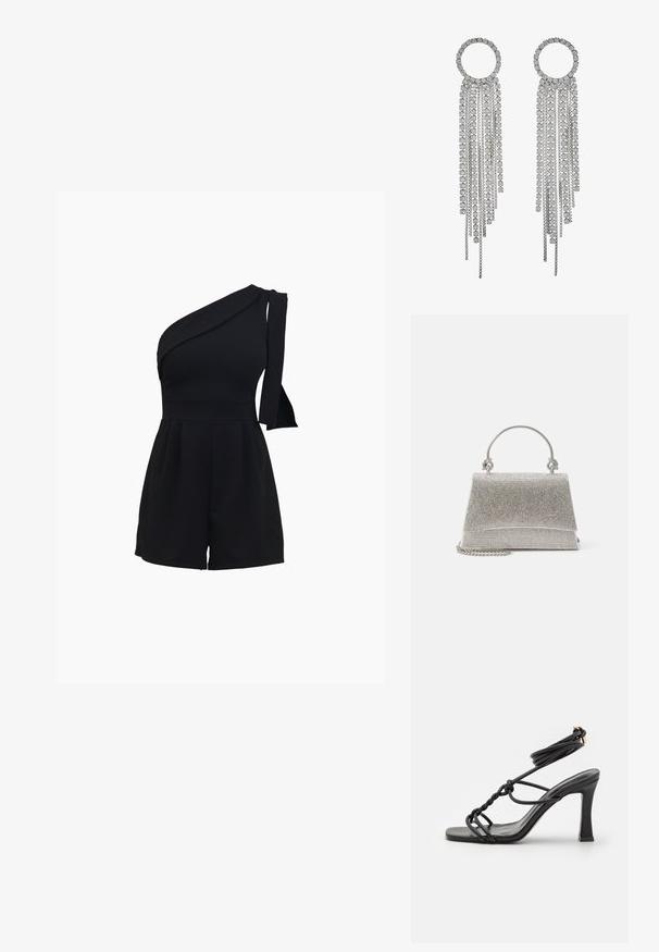 Zwart een-schouder romper met een aansluitend lijfje, geplooide shorts en een strikdetail op de schouder, gemaakt van een zachte, rekbare stof.; DeeZee Sandalen met hoge hak - black; ALDO FELISIA - Handtas - silver-coloured; Zilverkleurige oorbellen met een cirkelvormige bovenkant en watervalletjes van kettingen en vierkante rhinestones, die een lineair, meerdelig ontwerp laten zien.