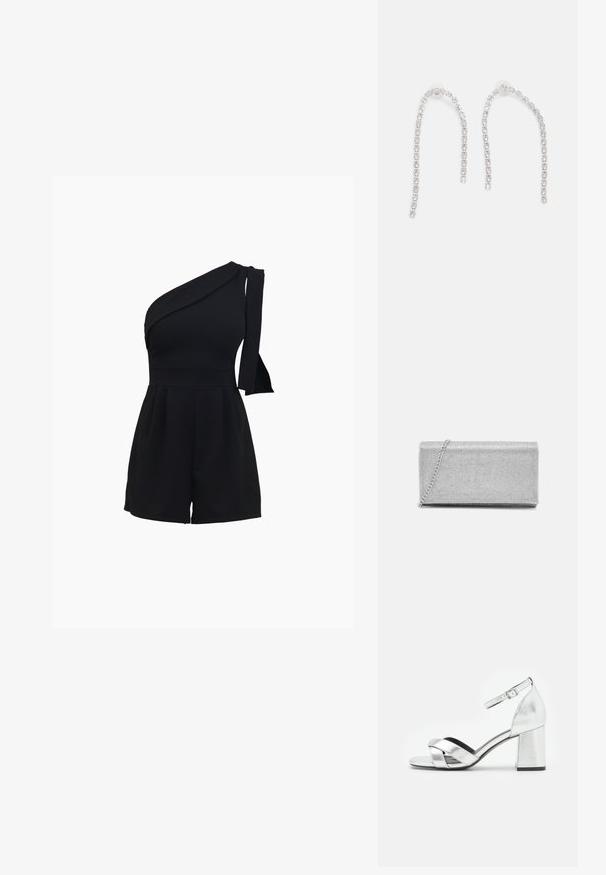 Combinaison noire à une épaule avec un corsage ajusté, un short plissé, et un détail à nouer sur l'épaule, fabriquée dans un matériau doux et extensible.; Sandale argentée en métal montante à talon bloc, dotée de brides entrecroisées et d'une boucle à la cheville pour un ajustement sécurisé. Texture lisse.; Pochette en métal argenté avec un design en maillage tissé, de forme rectangulaire, et une chaîne pour le transport. Texture lisse et finition polie.; Boucles d'oreilles en argent avec des chaînes pendantes, présentant plusieurs pierres précieuses claires disposées en motif linéaire, offrant un effet scintillant.
